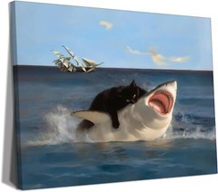 Framed Black Cat Wall Art, Funny Quirky Cat and Shark Pictures Canvas Print, …