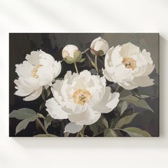 White Peonies On Dark Canvas Elegant Floral Still Life Wall Art Some Flowers