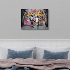 Banksy Canvas Wall Art Abstract Graffiti Child Couple Behind The Curtain Pict…
