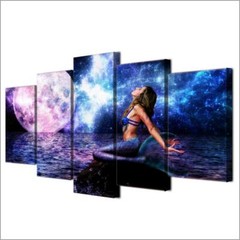 Mermaid Moon & Space Ocean Night Framed 5 Piece Canvas Wall Art Painting Wallpap