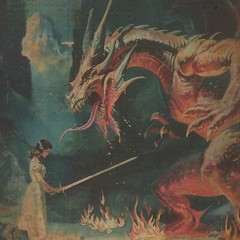 Retro DRAGON SLAYER Wall Art, Fantasy Sword Warrior Dinosaur Girl Poster Print