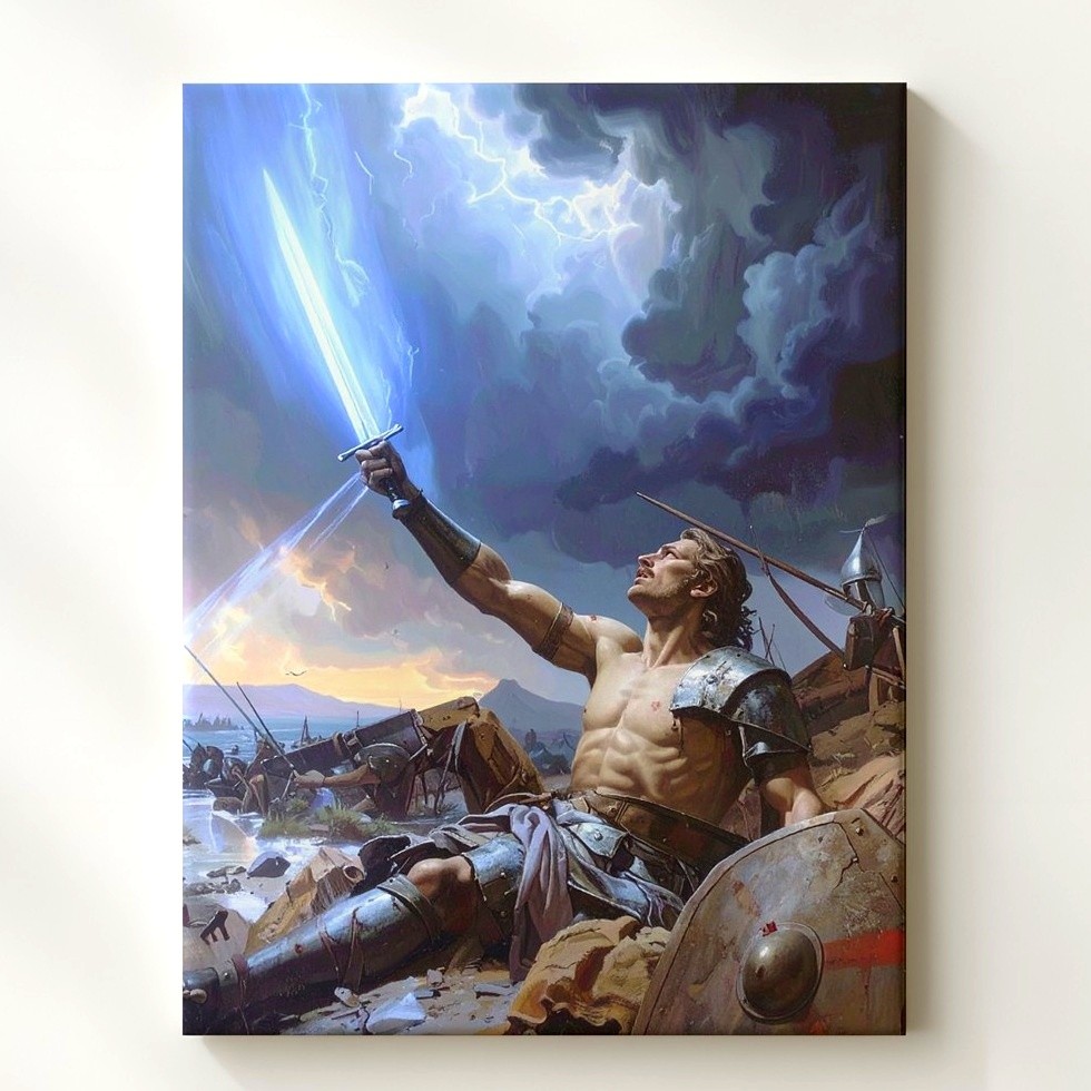 Warrior�S Last Stand Canvasepic Battlefield With Glowing Sword And Storm Wall