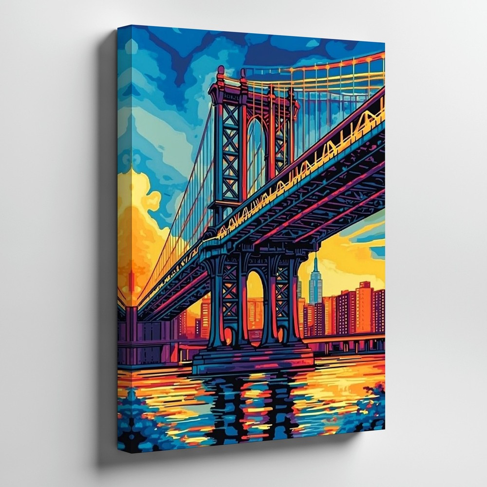 Colorful Abstract Cityscape Bridge Canvas Wall Art Modern Urban Landscape Print