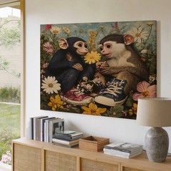 Cute baby monkeys with colorful sneakers and flowers canvas wall art decor print