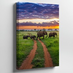 Wall Art Serene Landscape At Sunset Featuring A Family Of Elephants Walking