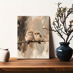 Two Sparrows Branch Vintage Canvas Wall Art, Soft Neutral Bedroom Wall Decor