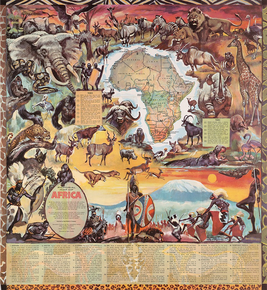 Midcentury Pictorial Map of Africa -Tribes, Parks, Animals Wall Art Poster Print