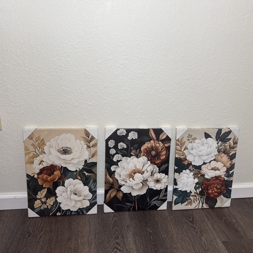 Set of 3 Neutral Floral Canvas Wall Art Modern Farmhouse Botanical Decor