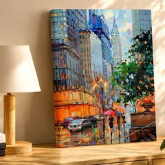 Wall Art City Street Rainy Urban Painting Skyscraper Lights Canvas Print Decor