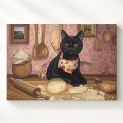 Baking Black Cat Canvas Anthropomorphic Feline In Kitchen With Apron When A Wall