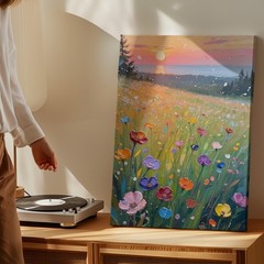 Colorful Wildflowers Field Landscape Sunset Canvas Wall Art Nature Print Home