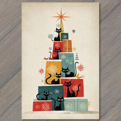 Art Print Retro Christmas Cats Gift Boxes Tree Midcentury Modern Festive Fun