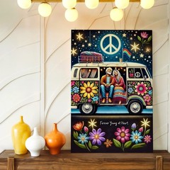 Wall Art Hippie Van Floral Peace Sign Couple Canvas Print Boho Retro Home Decor