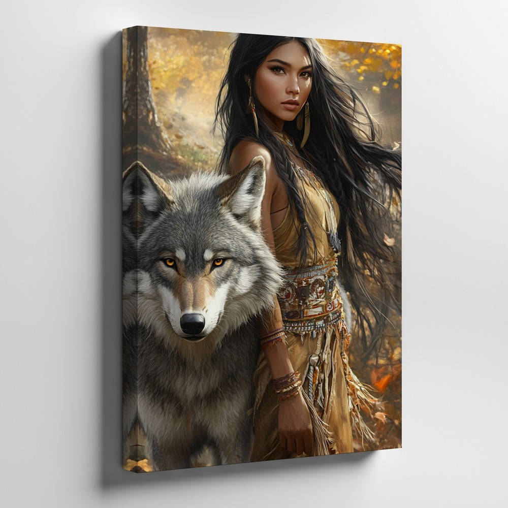 Native American Woman And Wolf Canvas Wall Art Autumn Forest Tribal Decor Print