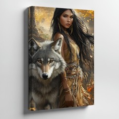 Native American Woman And Wolf Canvas Wall Art Autumn Forest Tribal Decor Print