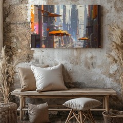 Futuristic Neon Cityscape Canvasflying Vehicles And Towering Skyscrapers Wall