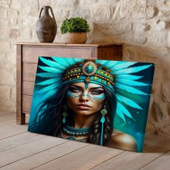 Native American Woman with Turquoise Feather Headdress Canvas Wall Art Print