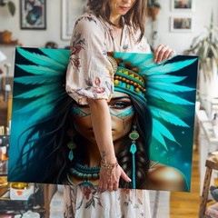 Native American Woman with Turquoise Feather Headdress Canvas Wall Art Print