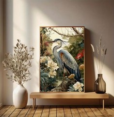 Canvas Wall Art HERON IN TROPICAL FLOWERS 12 x 18 Unframed 896