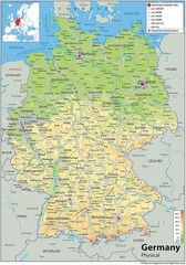 Germany Physical Map – 16.5 x 23.3 inches – Laminated