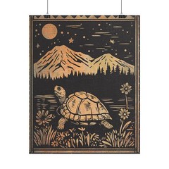 Vintage TURTLE MOON FLOWER Wall Art, Tortoise Mountain Botanical Celestial Decor