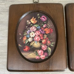 Set Of 2 Vintage Wood Oval Framed Floral Flower Bouquet Textured Art Boho Decor