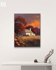 Autumn Cottage Oil Painting Canvas Print Rustic Farmhouse Forest Country Wall