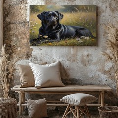 Black Labrador Canvas Wall Art Floral Meadow Nature Dog Animal Print Decor