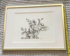 Black and White Floral Bouquet line Drawing Gold Metallic Frame, 14.25 X 11.25