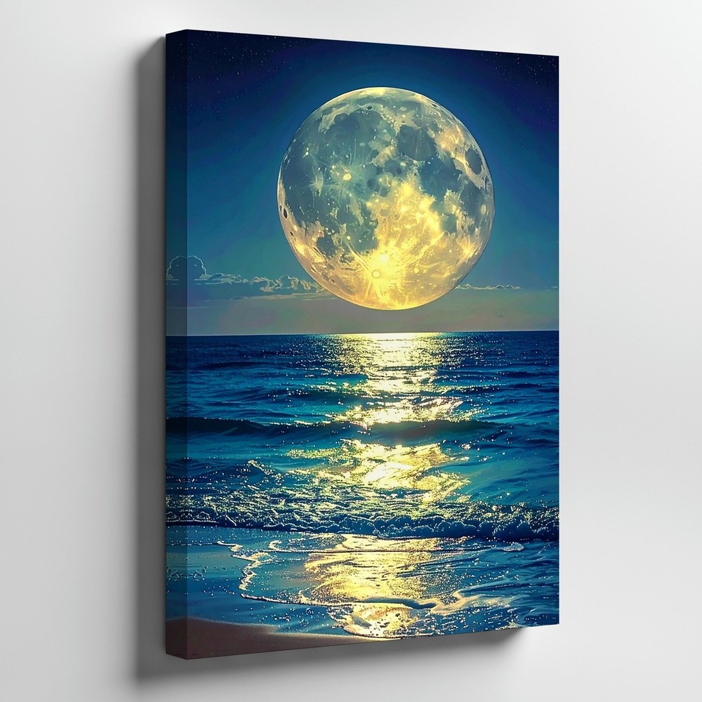 Canvas Wall Art a Luminous Full Moon Rises Over a Calm Ocean at Night Casting