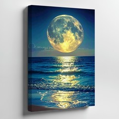 Canvas Wall Art a Luminous Full Moon Rises Over a Calm Ocean at Night Casting