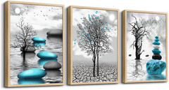 Large Natural Wood Framed Canvas Art – Blue Abstract & Black/White Decor