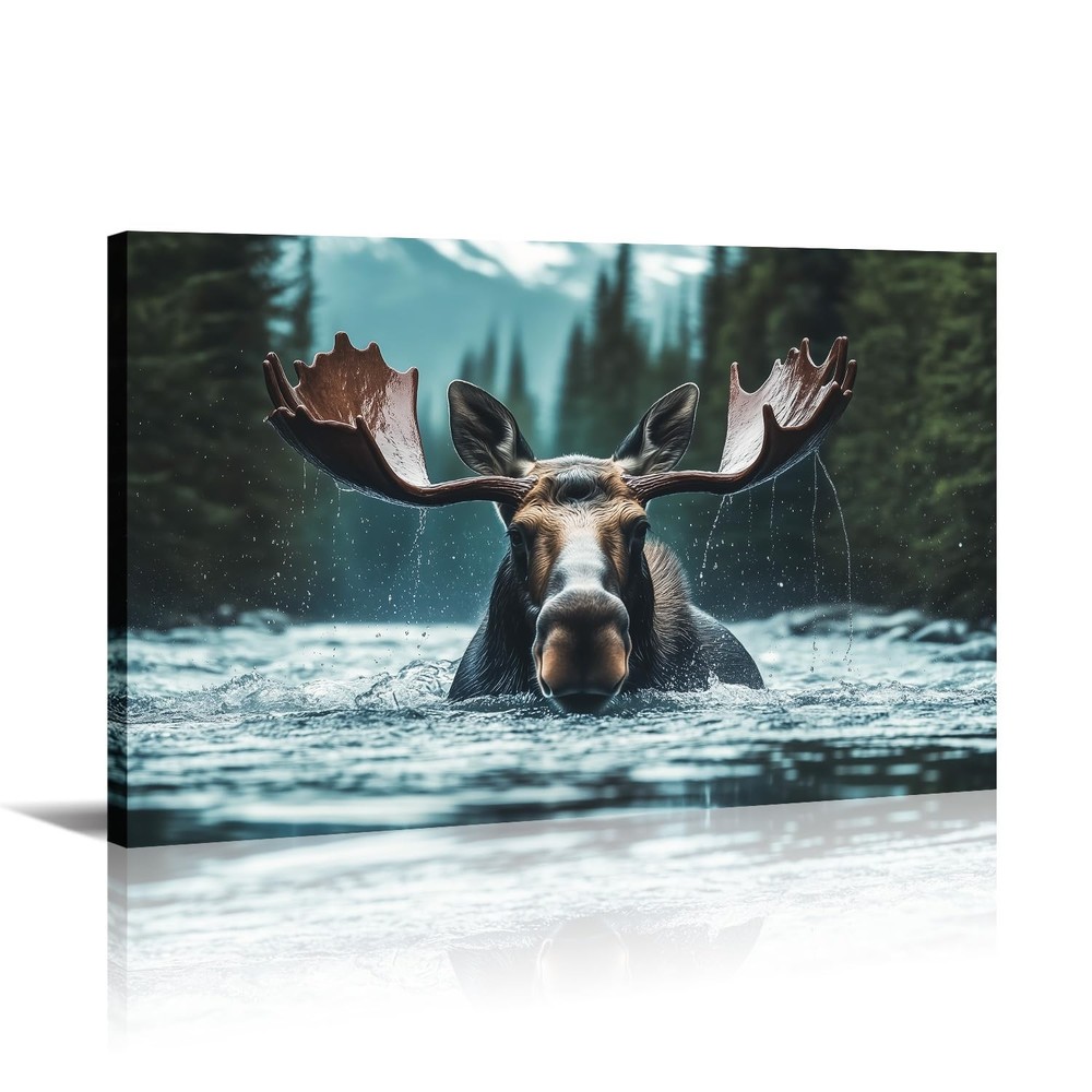 Moose Canvas Wall Art Rustic Woodland Animal Prints Moose in the Lake Picture…