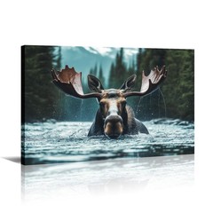 Moose Canvas Wall Art Rustic Woodland Animal Prints Moose in the Lake Picture…
