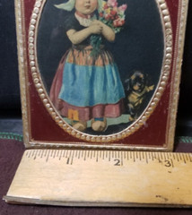 Dutch Girl w/ Flowers & Dog – Miniature Art Print-Framed On Wood-Brass Hanger