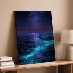 Galaxy Night Sky And Ocean Waves Canvas Art Modern Coastal Wall Decor 79 Print