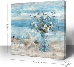 Serene Coastal Wall Art – 14×14 Framed Blue Ocean & Daisy Canvas Print