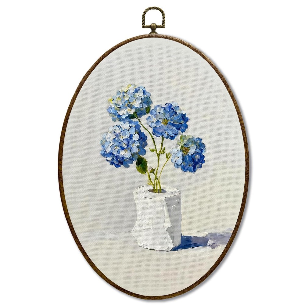 Funny Blue Hydrangea Floral Bathroom Oval Wall Decor, Summer Floral Oval Canv…