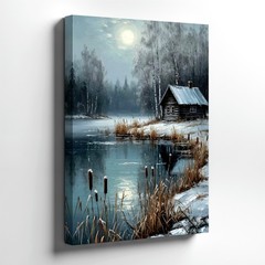Wall Art Winter Cabin Lake Moonlight Snowy Forest Landscape Rustic Print Decor