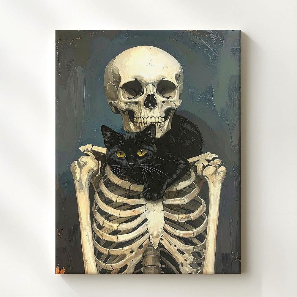 Skeleton With Black Cat Canvas Gothic Companionship & Quiet Halloween Charm Wall