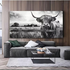 Highland Cow Triptych 16×24 Framed, Rustic Farmhouse Black and White Wall Print