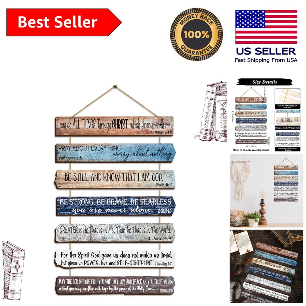 Set of 7 Inspirational Wooden Bible Verse Signs – Rustic Wall Art Decor