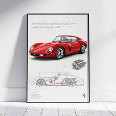 Ferrari 250 GTO Poster – Vintage Racing Car Blueprint Garage Wall Art Decor