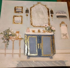 New Wrapped Canvas Wall Art Old World Bathroom Theme Decor Blue Gold