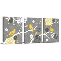 FuShvre Yellow Birds Canvas Art Yellow and Grey Wall Decor Bird Flower Painting