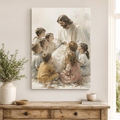 Jesus With Children Canvas Art Watercolor Style Christian Religious Decor Gift