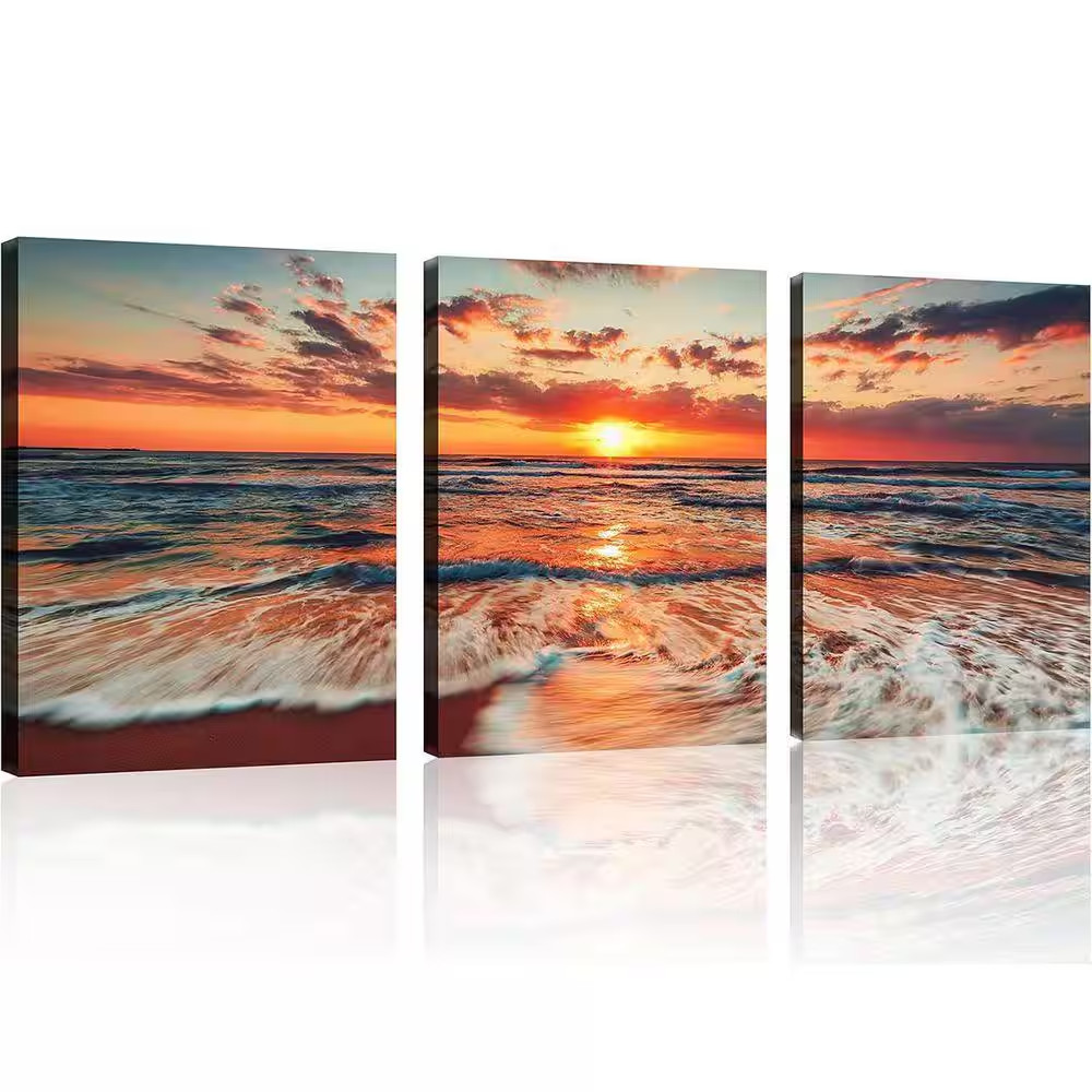 3-Piece 12 In. X 16 In. Framed Beach Ocean Sunrise Canvas Wall Art Set, Seascape