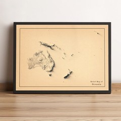 Oceania Map, Oceania 2D Relief Map, Oceania Vintage Map – 2D Flat Print
