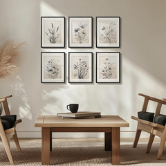 Framed Boho Vintage Botanical Wall Art, Set of 6 Black and White Floral Canvas P