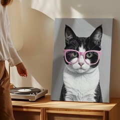 Pink Glasses Cat Canvas Minimalist Black & White Feline With Retro Charm Some